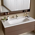 Modern Wall Mounted Bathroom Vanity With White Sink Mirror And Toiletries On Countertop