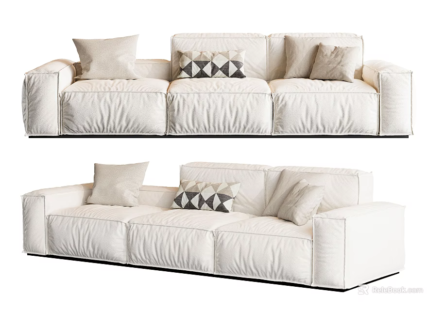 Plush White Three Seater Sofa With Geometric And Solid Color Cushions 3d model 