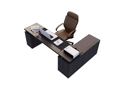 Dark Wood Office Desk Setup Featuring Brown Leather Executive Chair And Laptop Notebook 3d model