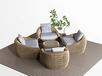 Rattan Outdoor Sofa With Four Seats Round Coffee Table And Potted Plant On Wooden Deck 3d model