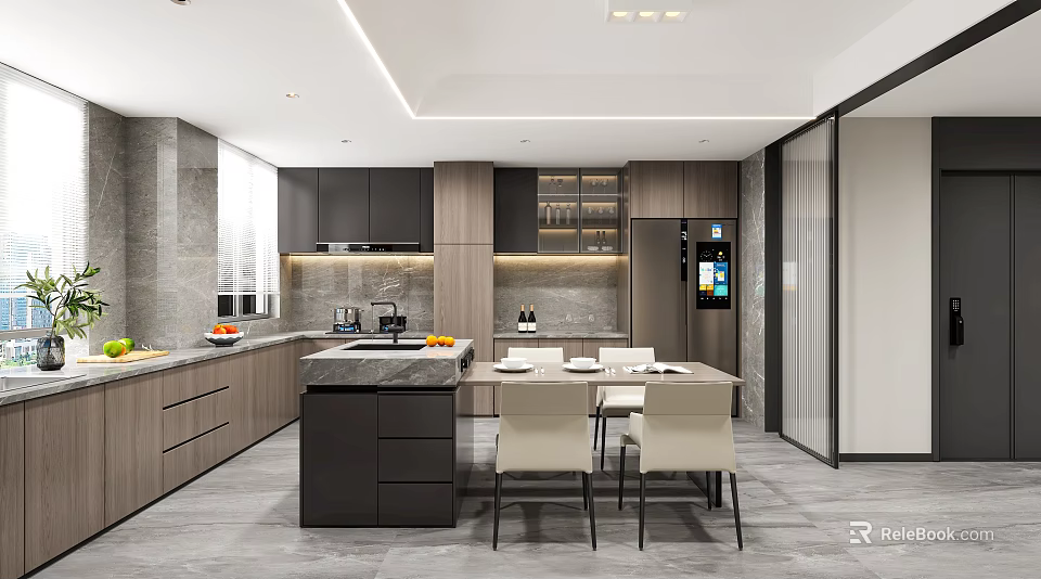 Stylish Modern Dining Area With Open Kitchen Island Counter Dining Table And Cabinets 3d model