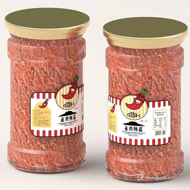 Spicy Chili Powder Glass Jars With Red Powder And Chili Pepper Design Labels And Gold Lids 3d model 