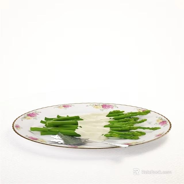 Floral Pattern Tableware Set with Asparagus White Sauce and Fork on Plate 3d model 