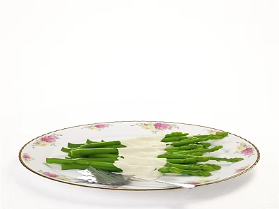 Floral Pattern Tableware Set with Asparagus White Sauce and Fork on Plate 3d model