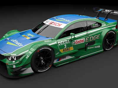 Blue Green Race Car With Sponsor Logos And Aerodynamic Exterior Design 3d model