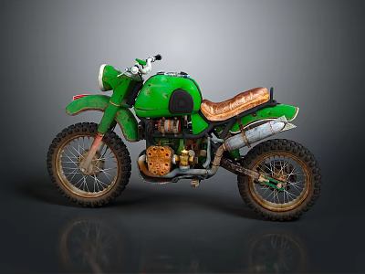 Green Vintage Motorcycle With Brown Leather Seat And Off Road Tires 3d model