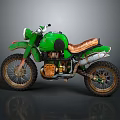 Green Vintage Motorcycle With Brown Leather Seat And Off Road Tires