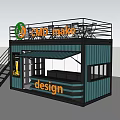 Gold Coffee Container Shop Design With Blue Exterior Terrace And Awning