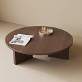 Minimalist Round Wooden Coffee Table With Magazine Tray And Glass Of Water