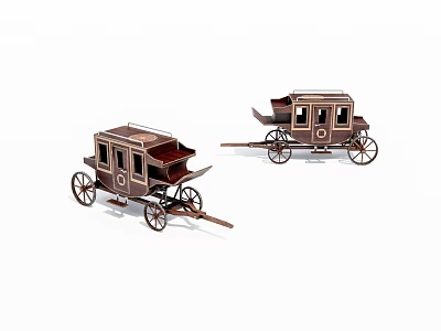 Two Vintage Wooden Carriage Models Featuring Classic Design and Spoked Wheels 3d model