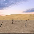 Stunning Arid Desert Landscape With Rolling Sand Dunes And Scattered Bare Dead Trees At Sunset