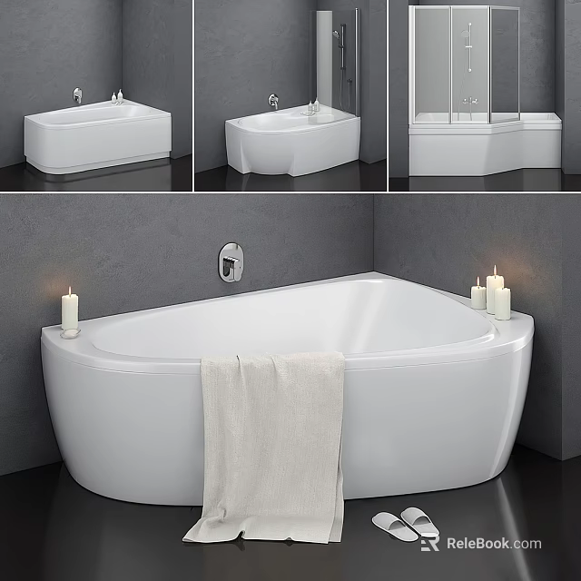 White Bathtub Interior with Towel and Candles in Gray Wall Bathroom Design 3d model 