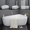 White Bathtub Interior with Towel and Candles in Gray Wall Bathroom Design