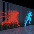 Colorful Feature Wall with Dynamic Dot Shaped Human Silhouettes in Red Blue Green