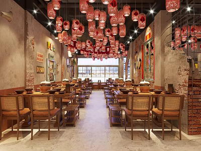 Industrial Style Hot Pot Shop Barbecue Shop Nostalgic Style Hot Pot Shop Retro Style Barbecue Shop Barbecue Shop Table and Chair Lantern Restaurant Neon Light Barbecue Shop Wall Decoration 3d model