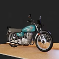 Teal Classic Motorcycle With Black Seat And Metallic Engine On Wooden Floor