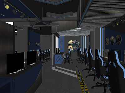 Modern Internet Cafe With Multiple Computers Ergonomic Gaming Chairs And Blue Ambient Lighting 3d model