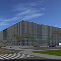 Modern Glass Curtain Office Building With Golden Wavy Patterns Green Lawn And Parked Car