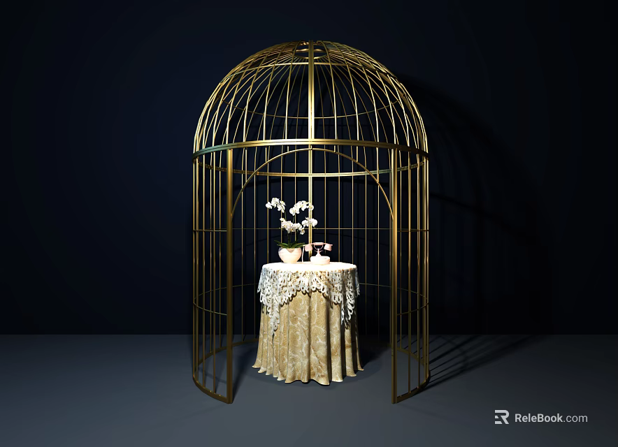 Elegant Golden Birdcage Interior With Lace Tablecloth And White Flowers 3d model 