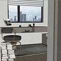 Modern Study Room Interior With Wooden Desk Black Chair Blinds Bookshelves And City View