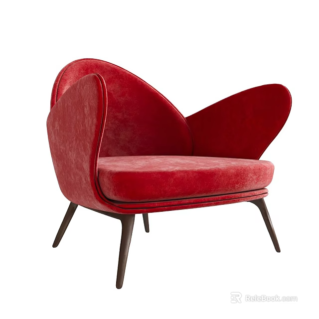 Modern Red Velvet Single Sofa Design With Unique Backrest And Dark Wooden Legs 3d model 