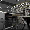 Modern Bar Interior With Circular Ceiling Lighting Design Central Counter High Stools And Decorative Walls