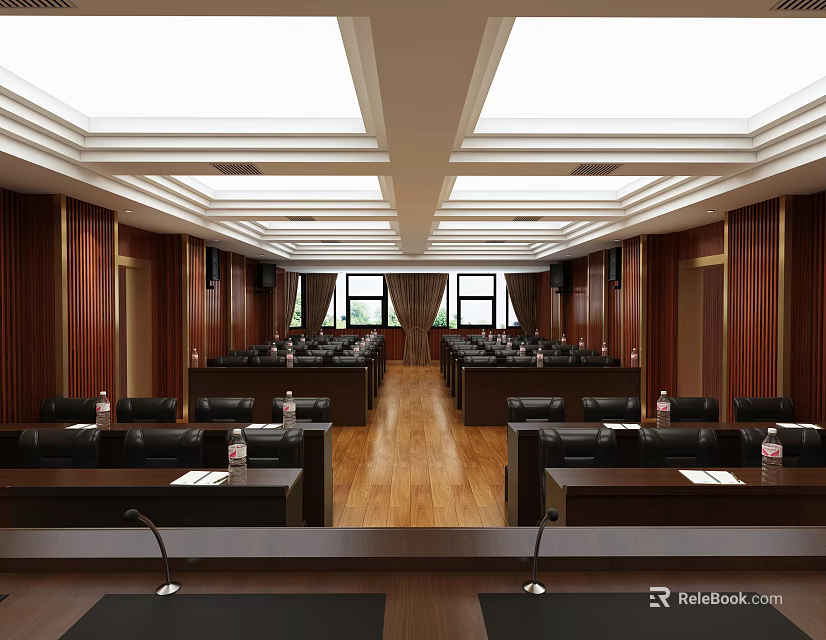 Spacious Modern Conference Room With Wooden Panel Walls Long Tables And Leather Chairs 3d model 