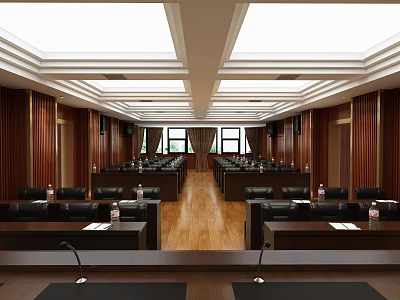 Spacious Modern Conference Room With Wooden Panel Walls Long Tables And Leather Chairs 3d model