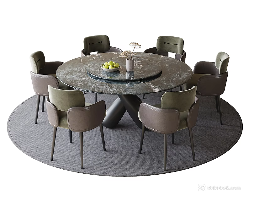 Modern Round Dining Table And Gray Chairs Set With Marble Top And Decorative Items 3d model