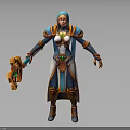 Hooded Female Warrior In Blue And Orange Armor Holding Orange Weapon With Green Gem