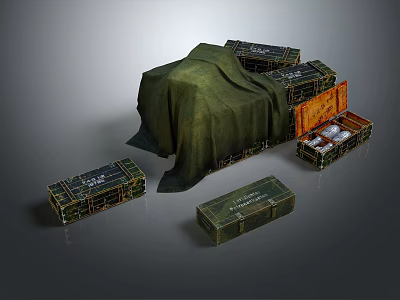 Military Style Storage Boxes with Various Sizes Green Cloth Cover and Open Wooden Case 3d model