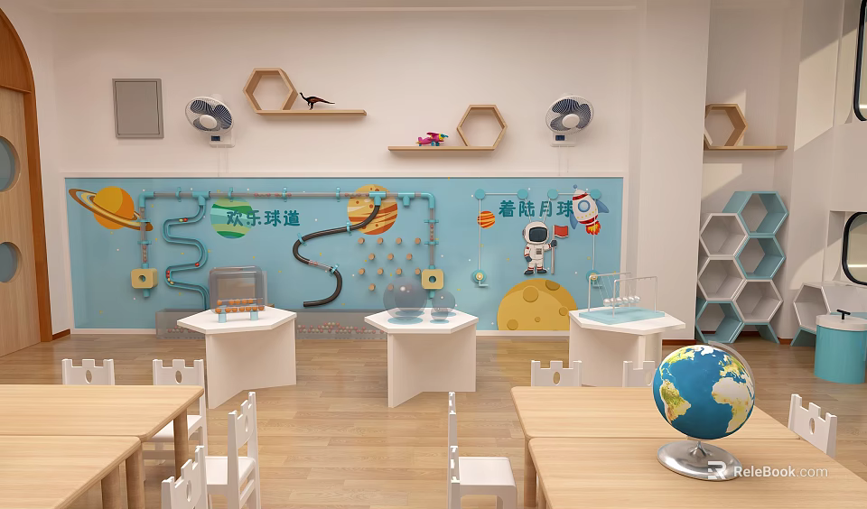 Bilingual School Science Classroom With Space Moon Decorations And Interactive Building Elements For Kids 3d model 