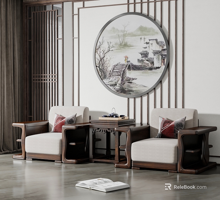 Modern Leisure Sofa Set In Living Room With Wooden Coffee Table And Decorative Pillows 3d model 