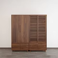 Modern Wooden Walnut Wardrobe with Smooth Panel Doors Louvered Front and Drawers Near Potted Plant