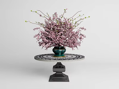 Pink Flowers in Green Vase on Round Pedestal Table with Black and White Patterned Tabletop 3d model
