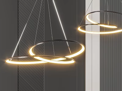 Modern Illuminated Circular Ring Chandeliers Hanging in Interior with Striped Walls 3d model
