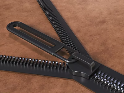 Close Up View Of Black Zipper With Metal Pull And Teeth On Brown Surface 3d model
