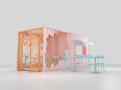 Pink Container Structure With Orange Carved Decoration Outdoor Blue Bar Stools And Tables 3d model