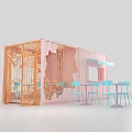 Pink Container Structure With Orange Carved Decoration Outdoor Blue Bar Stools And Tables