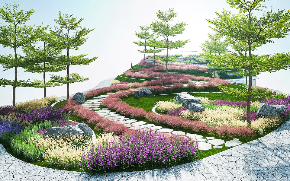 Garden Landscape Featuring Winding Stone Path Various Colored Flowers Green Grasses Tall Trees And Rocks 3d model 