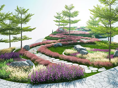 Garden Landscape Featuring Winding Stone Path Various Colored Flowers Green Grasses Tall Trees And Rocks 3d model