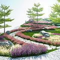 Garden Landscape Featuring Winding Stone Path Various Colored Flowers Green Grasses Tall Trees And Rocks