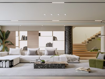 Modern Living Room Interior Design With Sofa Bookshelf Potted Plant And Wooden Stairs 3d model