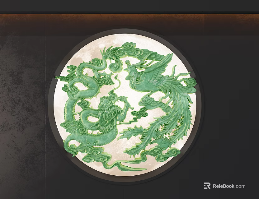 Exquisite Green Jade Jewelry Circular Carving with Dragon and Phoenix Patterns 3d model 