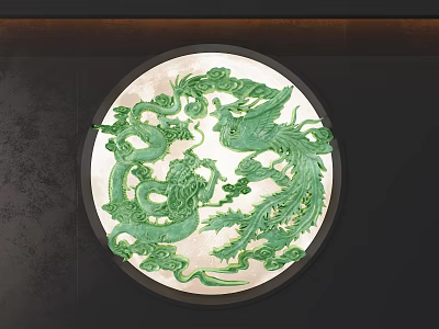 Exquisite Green Jade Jewelry Circular Carving with Dragon and Phoenix Patterns 3d model