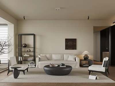Modern Minimalist Living Room Interior With Beige Sofa Black Round Coffee Table And White Armchairs 3d model