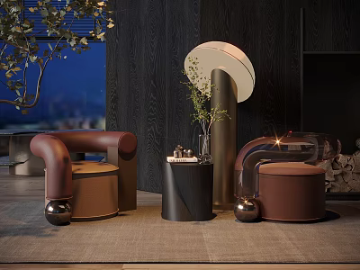 Modern Brown Single Sofa With Round Metal Base Small Table And Green Plant 3d model