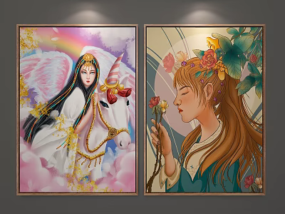 Two Portrait Paintings With Winged Figure Unicorn Rainbow Long Haired Woman Holding Flower Leaves 3d model