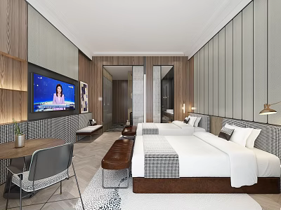 Modern Hotel Guest Room With Twin Beds Flat Screen TV And Work Desk 3d model