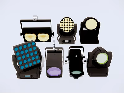 Various Stage Lighting Fixtures With Colorful LED Lamps And Black Casing Design 3d model